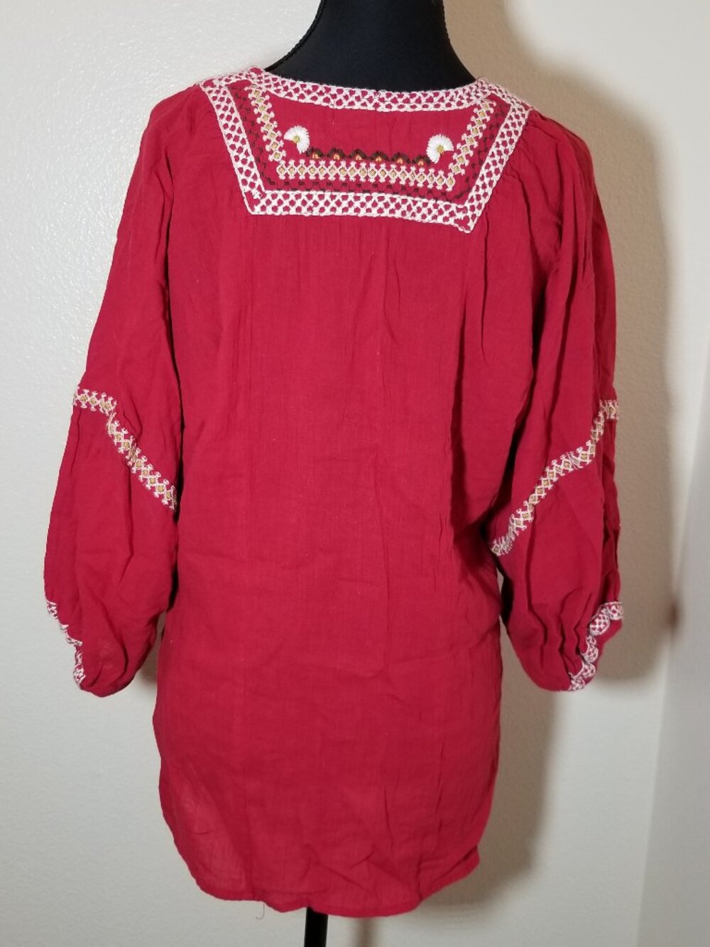 Max Studio Womens Small Red Embroidered Blouse Peasant Boho Hippie Earthy Gypsy - Picture 3 of 9